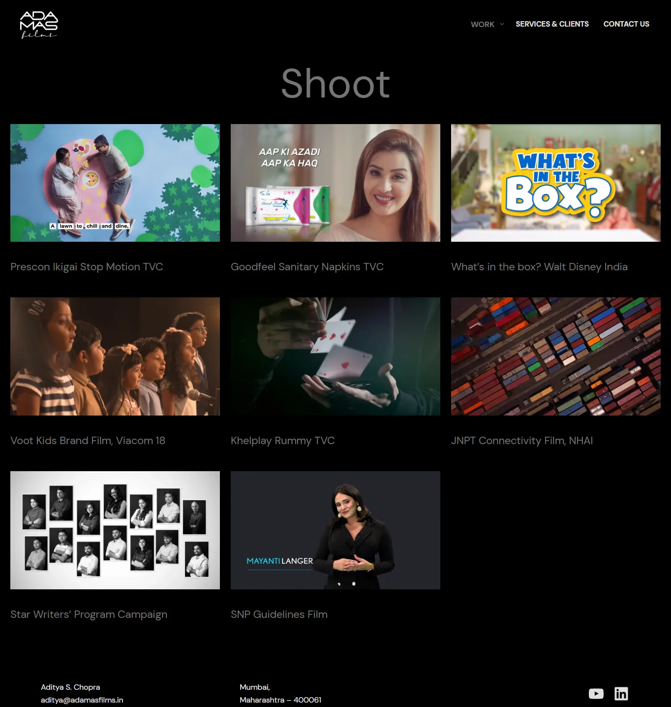The Shoot section, one thumbnail per commercial and brand film