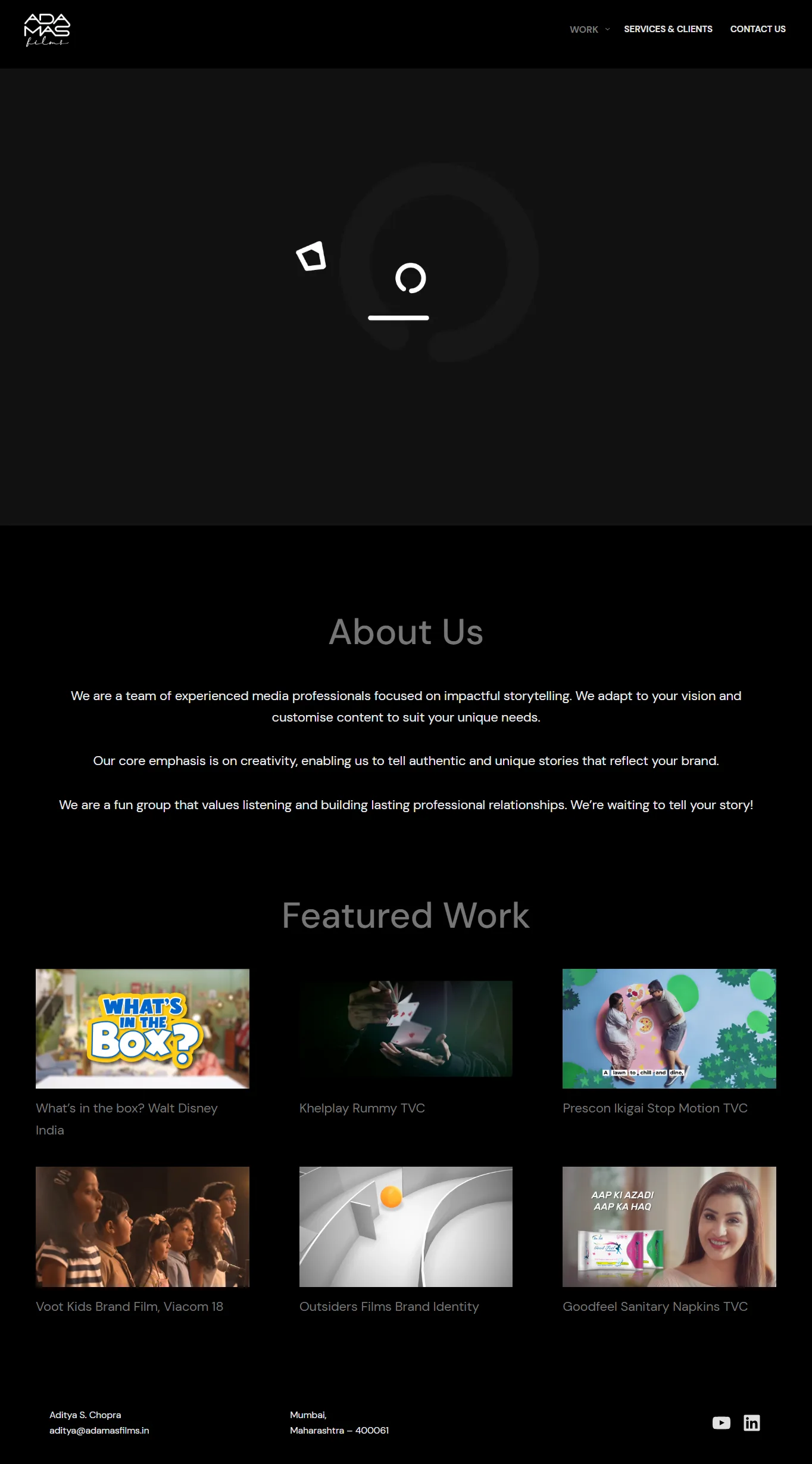Homepage: about, then straight into featured work